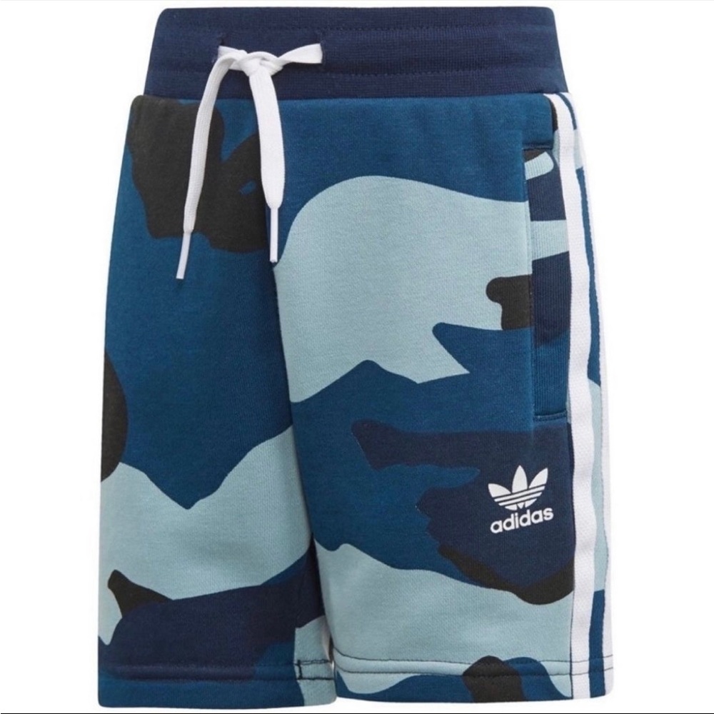 Adidas Original Blue Camo Shorts youth boy xs 5/6 soft elastic waist drawstring